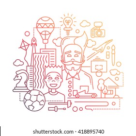 Illustration of vector modern line flat design happy father and son composition with common hobbies symbols and infographics elements - gradient color