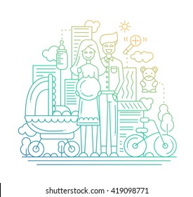 Illustration of vector modern line flat design city composition and infographics elements with a  happy family expecting a baby