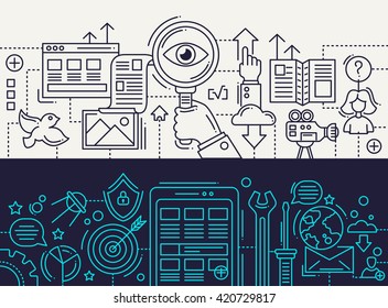 Illustration of vector modern line flat design search, mobile application development compositions and infographics elements with a magnifying glass, smartphone. Headers, banners set for your website