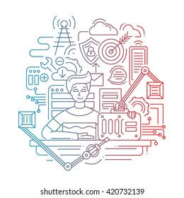 Illustration of vector modern line flat design problem solution strategy composition and infographics elements with a male suggesting ready-made solution - color gradient