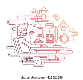 Illustration of vector modern line flat design delivery service composition with computer home workstation and infographics elements - color gradient