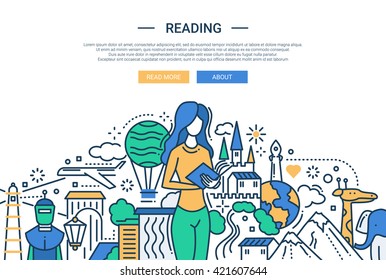 Illustration of vector modern line flat design website banner, header with female