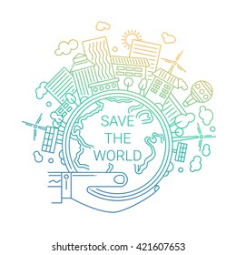 Ilustração de vetor moderna linha plana projeto composição cidade com a Terra em uma mão e edifícios e elementos infográficos de energia alternativa sobre ele - cor gradiente.