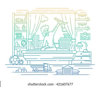 Illustration of vector modern line flat design composition and infographics elements with a boy playing in his room - gradient color