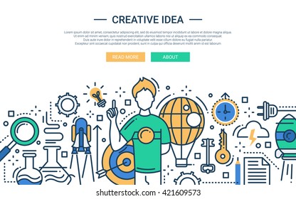 Illustration of vector modern line flat design website banner, header with  guy having a creative idea