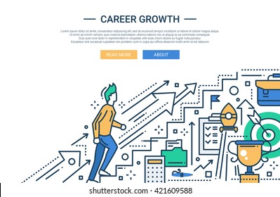 Illustration of vector modern line flat design business composition and infographics elements with a male working his way up the career ladder