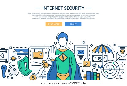 Illustration of vector modern line flat design website banner, header with internet security super hero protecting the network