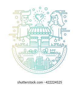 Illustration of vector modern line flat design city composition with buildings, cityscape infographics elements and a loving couple - gradient color