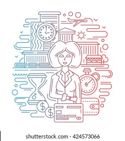 Illustration of vector modern line flat design time is money composition and infographics elements with a businesswoman - color gradient