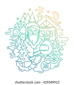 Illustration of vector modern line flat design Christmas composition and infographics elements with a Santa Claus - color gradient