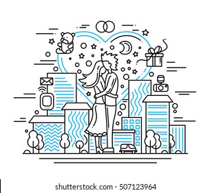 Illustration of vector modern line flat design love and marriage proposal composition with cityscape and infographics elements