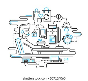 Illustration Of Vector Modern Line Flat Design Delivery Service Composition With Computer Home Workstation And Infographics Elements