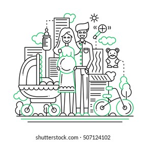 Illustration of vector modern line flat design city composition and infographics elements with a happy family expecting a baby