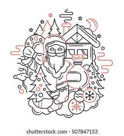 Illustration of vector modern line flat design Christmas composition and infographics elements with Santa Claus