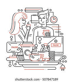 Illustration of vector modern line flat design coffee break composition and infographics elements with man and woman drinking coffee in the office