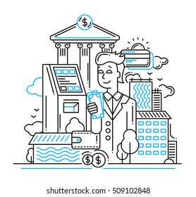 Illustration of vector modern line flat design make money composition and infographics elements with a businessman managing his finance