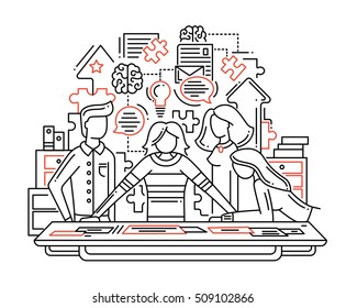 Illustration of vector modern line flat design creative process composition and infographics elements with a team solving problem