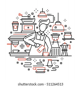 Illustration of vector modern line flat design composition with male barista making and serving coffee at the cafe counter