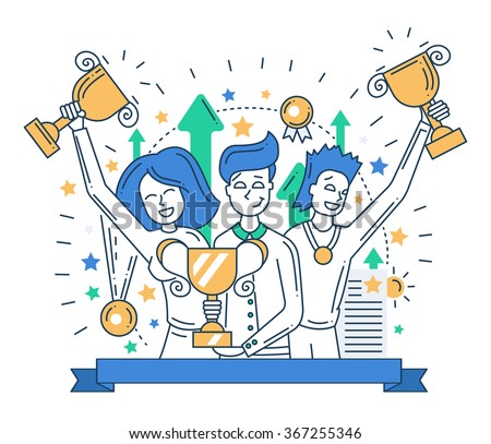 Illustration of vector modern line flat design composition and infographics elements with happy winners