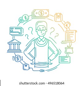 Illustration of vector modern plain line flat design payment methods composition and infographics elements with a businessman
