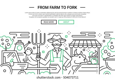 Illustration of vector modern plain line flat design website banner, header with a farmer and farm products