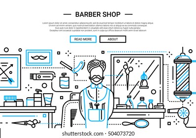 Illustration of vector modern plain line flat design website banner, header with professional barber and barbershop tools