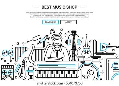 Illustration of vector modern plain line flat design website banner, header with a seller in a shop of music instruments