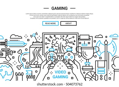 Illustration of vector modern plain line flat design website banner, header with video gaming process