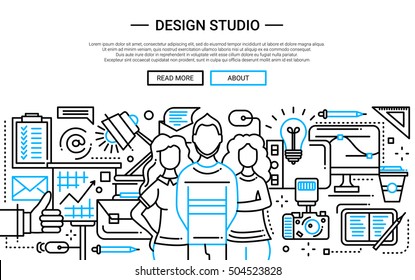 Illustration of vector modern plain line flat design website banner, header with professional design studio team