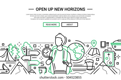 Illustration of vector modern plain line flat design website banner, header with male traveling with a backpack