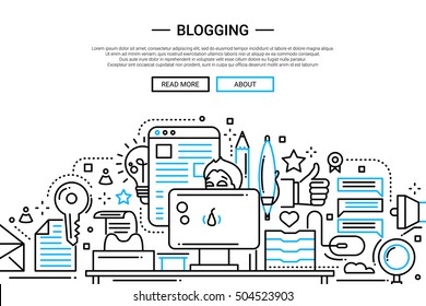 Illustration of vector modern plain line flat design website banner, header with male at the computer working