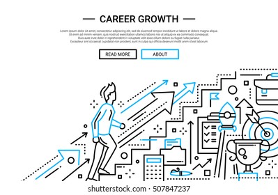 Illustration of vector modern plain line flat design business composition and infographics elements with a male working his way up the career ladder
