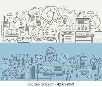 Illustration of vector modern SEO optimization, planning line flat design composition and infographics elements with a male suggesting solution, woman managing time. Header, banner for your website