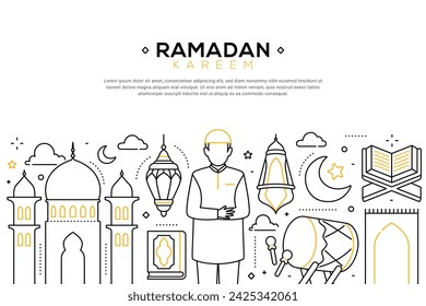 Illustration of vector modern simple line flat design website banner, header with a Muslim people and Islamic symbols in Ramadan kareem