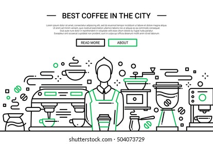 Illustration Of Vector Modern Simple Line Flat Design Website Banner, Header With Professional Barista In Coffee Shop