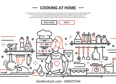 Illustration of vector modern simple line flat design website banner, header with a girl cooking at home