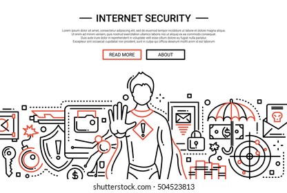Illustration of vector modern simple line flat design website banner, header with internet security super hero protecting the network