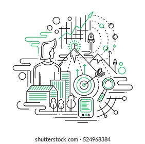 Ilustración de la composición de la misión de diseño plano de línea simple vectorial y elementos de infografía con el hombre y sus objetivos