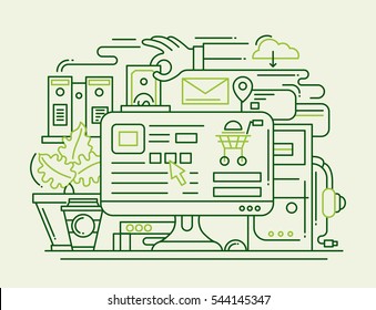 Illustration of vector modern simple line flat design add to cart composition with shopping infographics elements