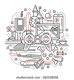 Illustration of vector modern simple line flat design illustration, header with video gaming equipment and tools