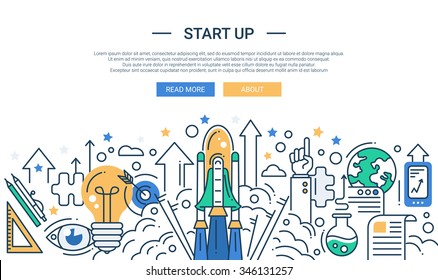 Illustration of vector modern start up line flat design composition and infographics elements with a shuttle launch scene. Header, banner for your site.