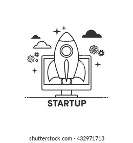 Illustration of vector modern start up line flat design composition and infographics elements with a shuttle launch scene. Header, banner for your site.