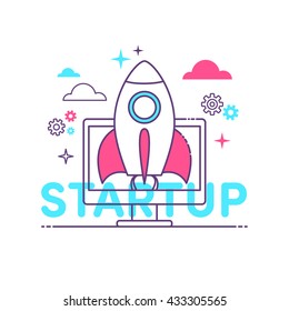 Illustration of vector modern start up line flat design composition and infographics elements with a shuttle launch scene. Header, banner for your site.
