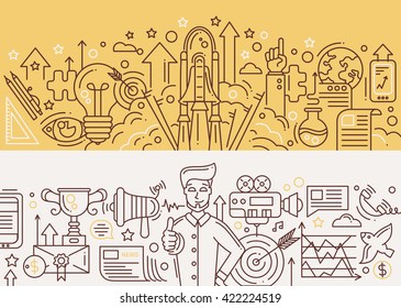 Illustration of vector modern start up, marketing success line flat design composition and infographics elements with a shuttle launch scene, a man with promotion tools. Header, banner for website