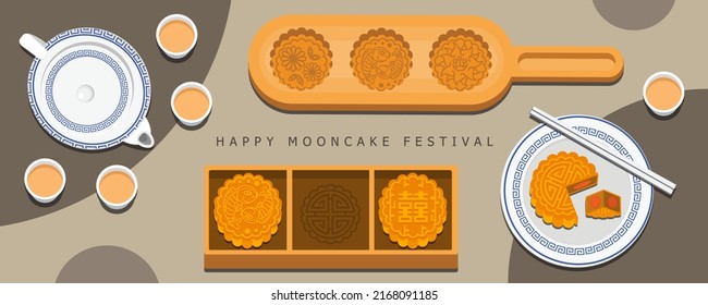 illustration vector of mooncake and teapot set on table top view