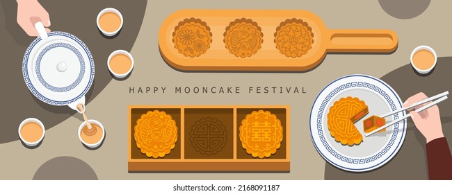 Illustration Vector Of Mooncake And Teapot Set On Table Top View