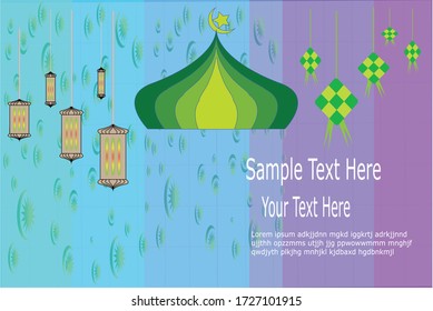 Illustration vector of mosque with path lighted with oil lamp and rice packed dumpling. Can be used in cover design, poster, website background with sample text