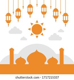 Illustration Vektorillustration der Moschee Silhouette am Morgen von Rmadan mit Sonne, Wolken und Laternen. Ideal für Grußkarten, Posten in sozialen Medien und Animation.  