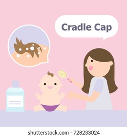 Illustration Vector Of Mother Who Take Care Her Baby With Bottle Product For Hair Children And Cradle Cap