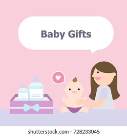 Illustration vector of mother who take care her baby with bottle product for children